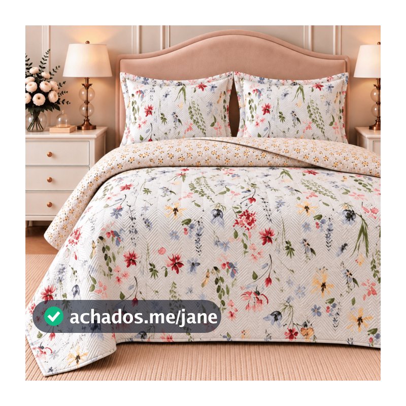 Kit Colcha Cobre Leito Casal Queen King Dupla Face Floral Estampada Matelada Boutis Super Macia