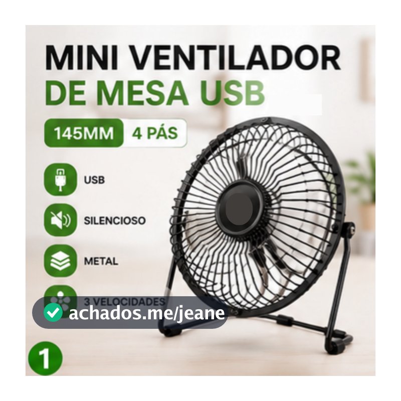 Mini Ventilador USB de Mesa Oásis 4 Pás Metal 14,5cm Portátil para Escritório Quarto