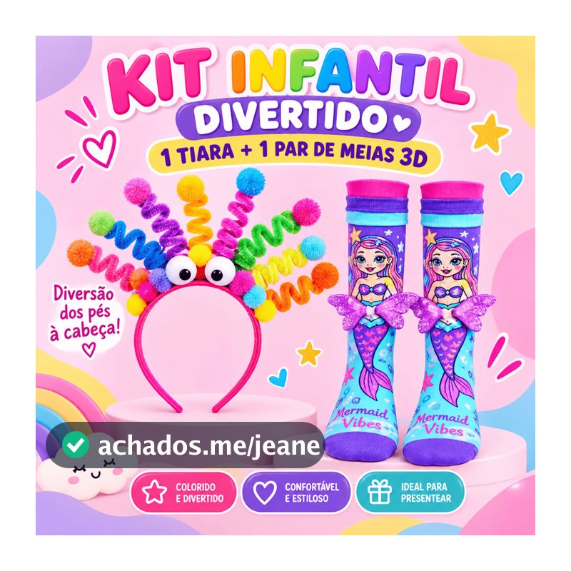 Kit Infantil Tiara Maluca Cabelo Maluco + Meias 3D Divertidas Personalizadas