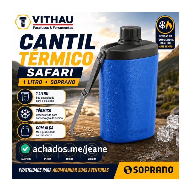 Cantil Térmico Safari Soprano 1 Litro Garrafa Água Com Alça Camping Pesca Trilha Viagem
