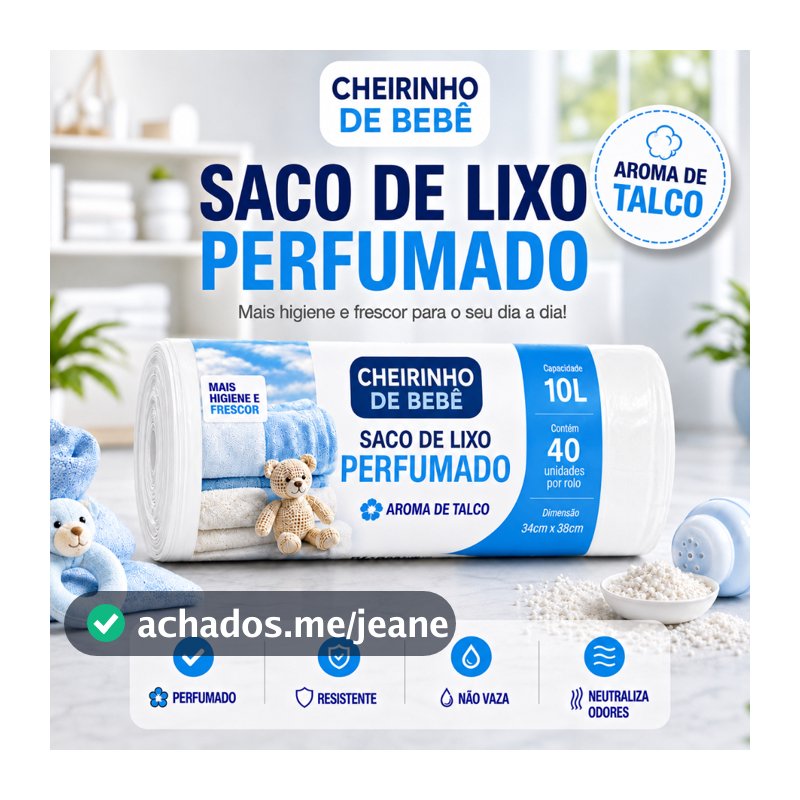 Saco de Lixo Perfumado Aroma Talco 10L 40 Sacos 34x38cm Pia Banheiro Anti Odor Mau Cheiro Resistente