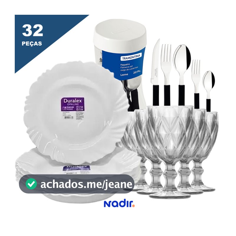Aparelho de Jantar Jogo de Pratos e Taças de Vidro com Jogo de Talheres Tramontina 32 Peças