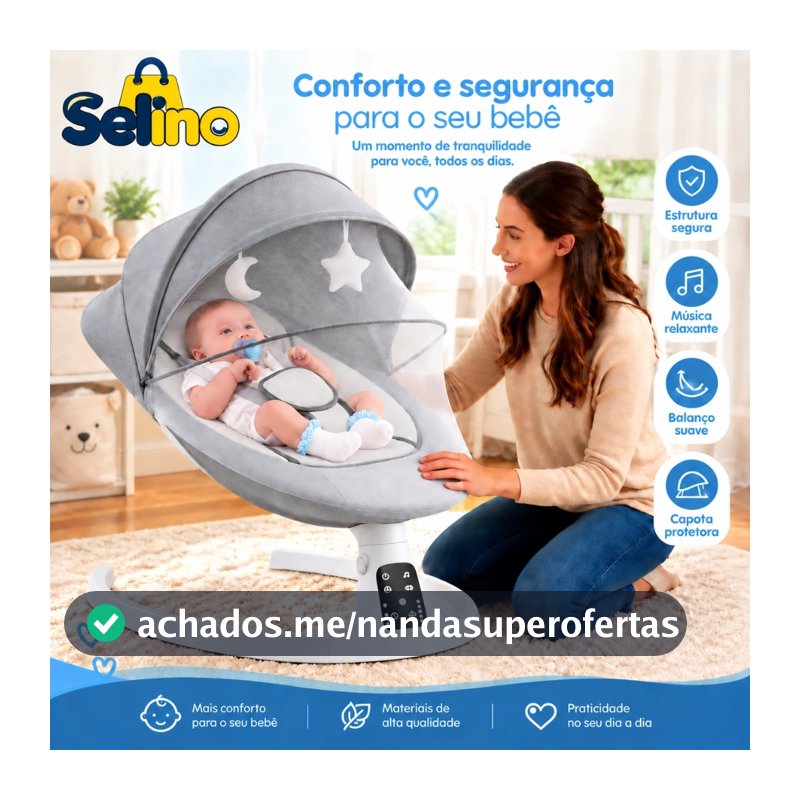 Cadeira de Balanço Elétrica para Bebê com 5 Velocidades, Bluetooth, Controle Remoto e Mosquiteiro