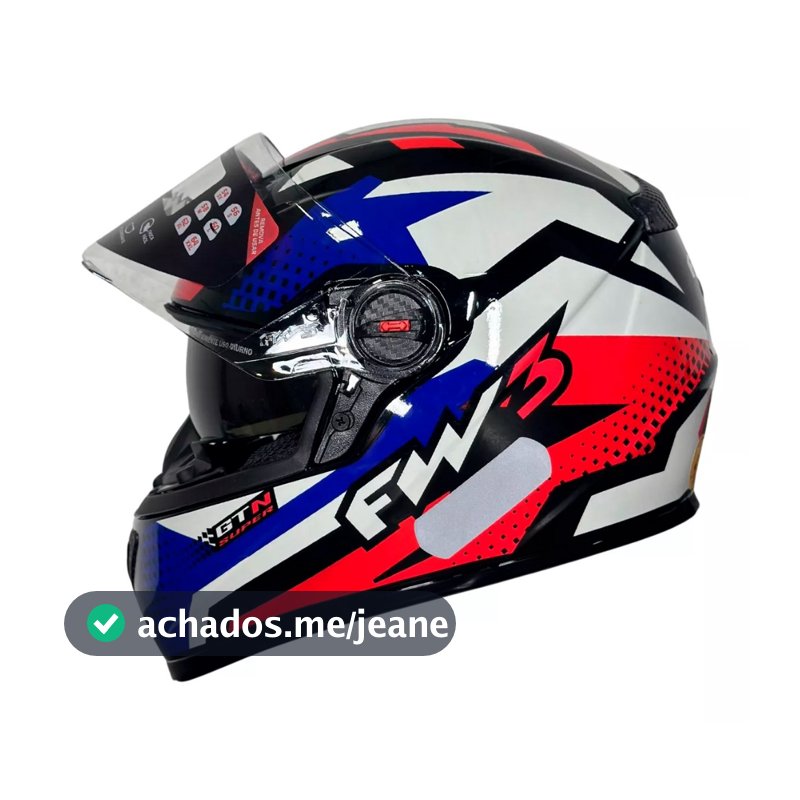 Capacete Moto Fechado GTX Super Vermelho com Azul/Branco Viseira Cristal Inmetro Tamanho 56 - FW3
