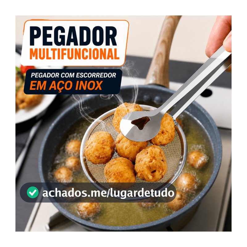 Pegador com Escorredor em Aço Inox Multifuncional para Frituras Alimentos Cozinha