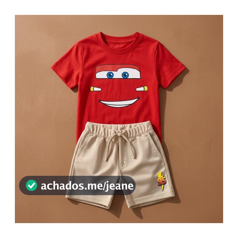 Conjunto Infantil Camiseta e Short Moletinho Rosto Carros Mc Queen Relâmpago Festa Tematica