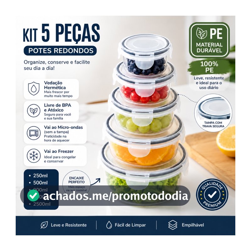 Kit 5/10 Potes Herméticos de PE com Tampa para Alimentos, Recipientes Redondos para Geladeira e Organização