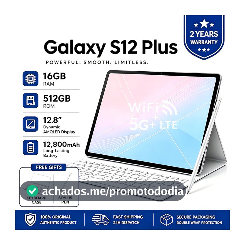 Tablet Galaxy S12 Plus -12.8 inch 16GB+512GB Android 16 12800mAh Ideal para Estudos e Jogos Combo com Teclado e Mouse