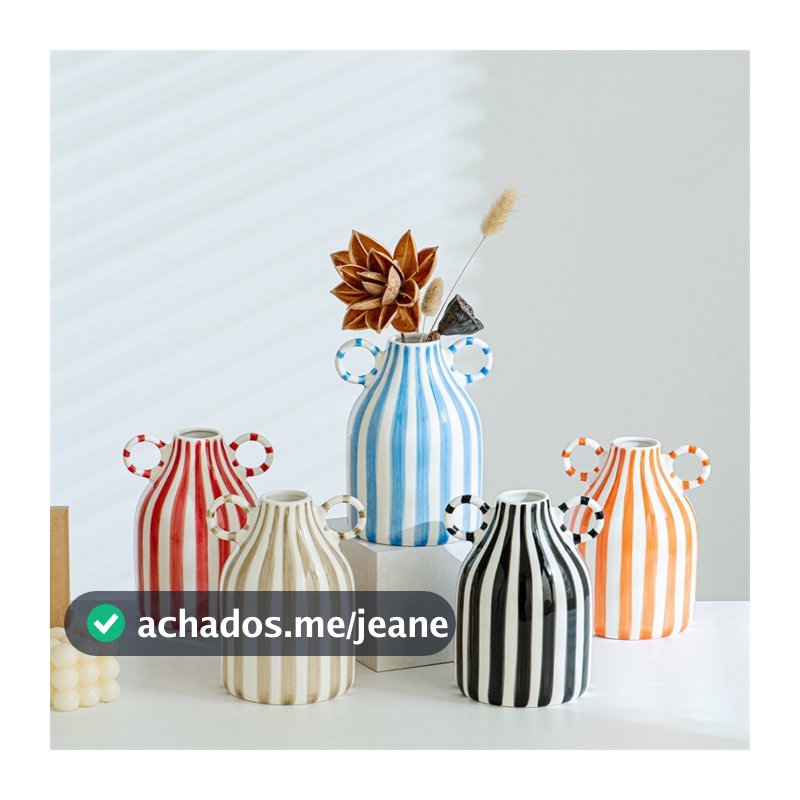 Vaso De Cerâmica Listrado Minimalista Nórdico De Alça Dupla , Ornamento Decorativo De Arte De Armário De TV Para Casa