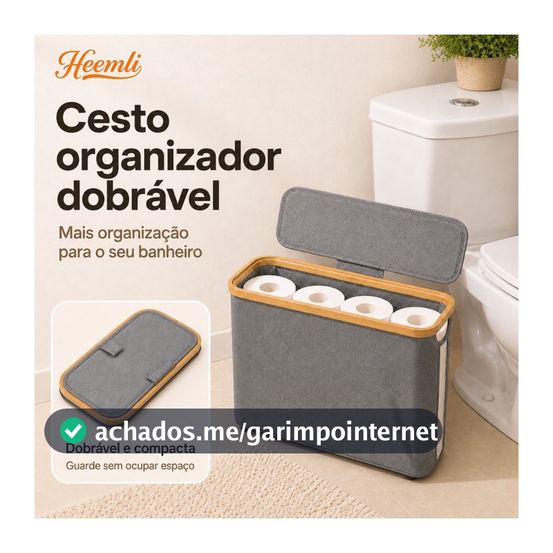 Cesto Organizador Dobrável com Tampa e Visor para Banheiro Quarto Guarda Roupa Heemli