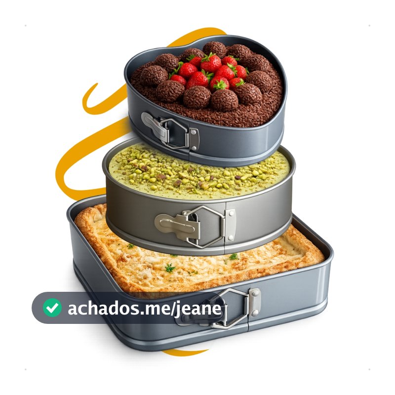 Kit 3 Formas Antiaderentes Fundo Removível Bolo Torta Coração Redonda Quadrada Aço Carbono pratica receitas versátil
