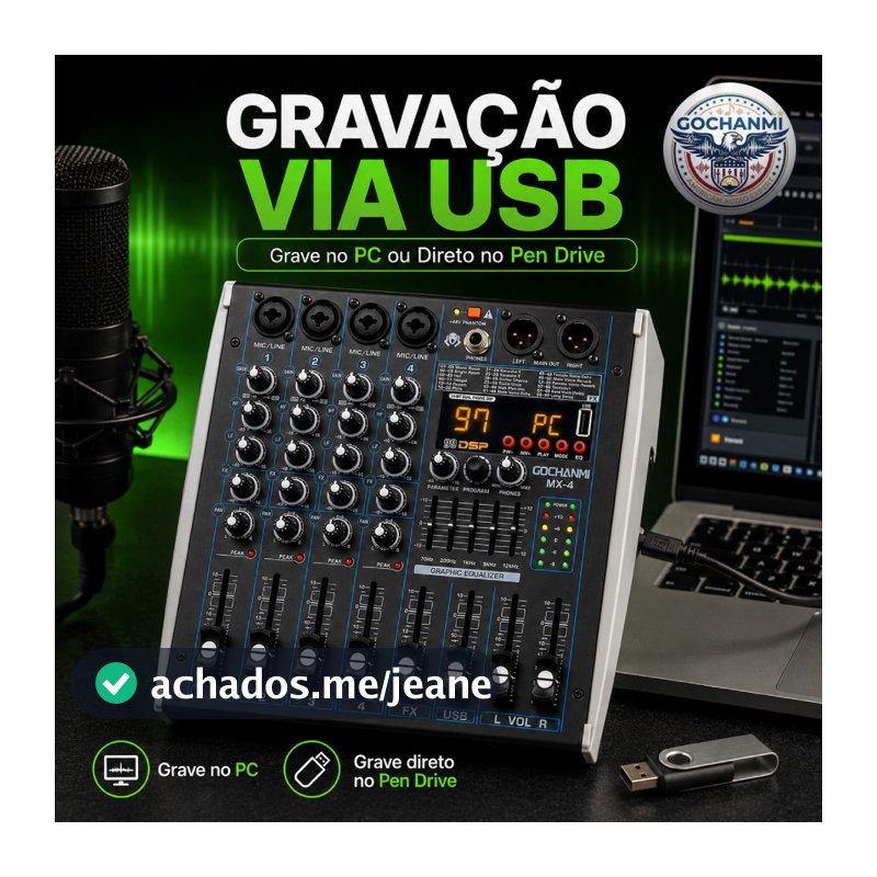 Mixer MX4 Gochanmi 4 Canais Com Gravação USB Bluetooth E Phantom 48V