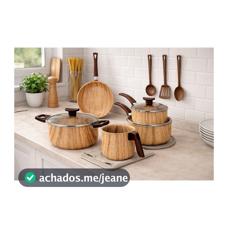 Jogo de Panelas 8 Peças MARF ⚠️LANÇAMENTO⚠️  Cor Madeira Antiaderente Teflon Premium 5 Camadas + Talheres