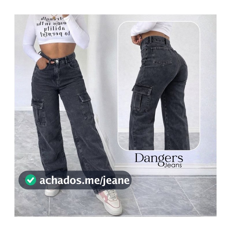 Calça Wide Leg Jeans Feminina Marmorizada CARGO Cintura Alta Sem Lycra