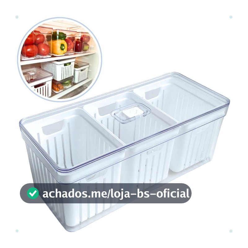 Organizador de Geladeira Grande com 3 Cestos de Drenagem e Tampa com Controle de Ventilação - 6,8 LITROS.