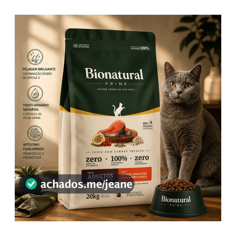 Ração SuperPremium Bionatural Prime para Gatos Adultos sabor Salmão 20 KG-Envio Rapido