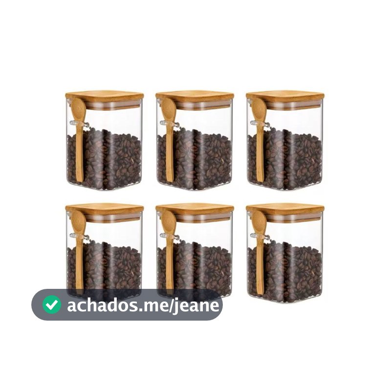 Kit 6 Mini Potes de Vidro quadrado 250ml com Tampa e Colher de Bambu Hermético