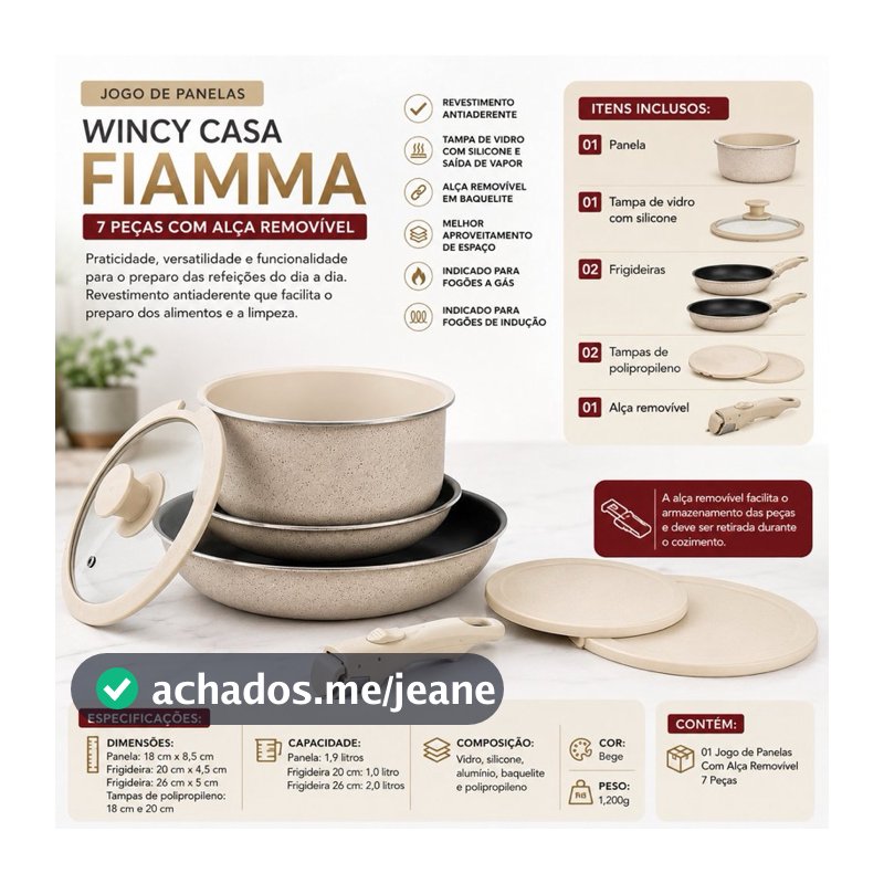 Jogo de Panelas 7 Peças Antiaderente Wincy Casa Fiamma com Alça Removível para Fogão a Gás e Indução