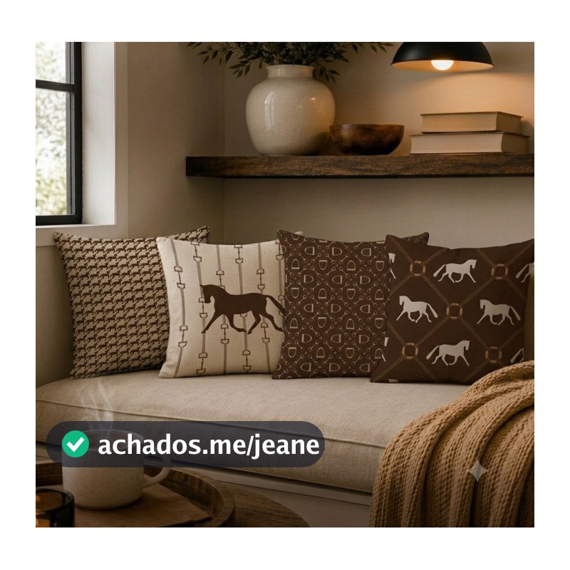 Capas De Almofada Linho Country 43x43 Estampa Cavalo Hípica Estribo Com Zíper Luxo Sala
