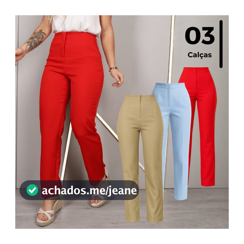 Lote 3 Calça Feminina de Alfaiataria Cintura Alta Reta sem Bolsos Verão Fresco Lisa Diferentes Cores
