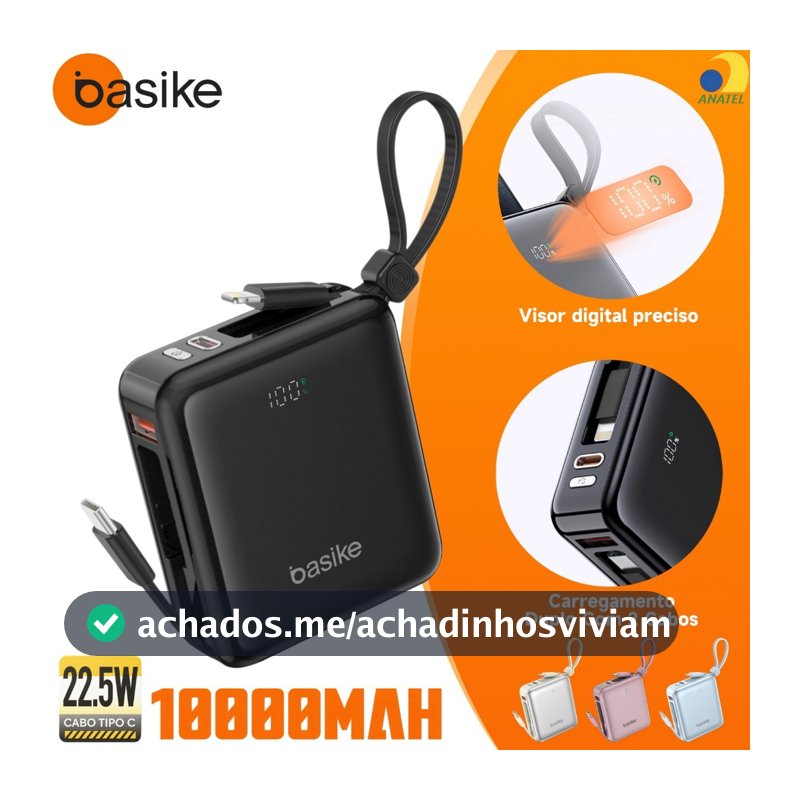 BASIKE Power Bank 10000mAh Mini PD 22.5W Carregamento Duplo Com 2 Cabos