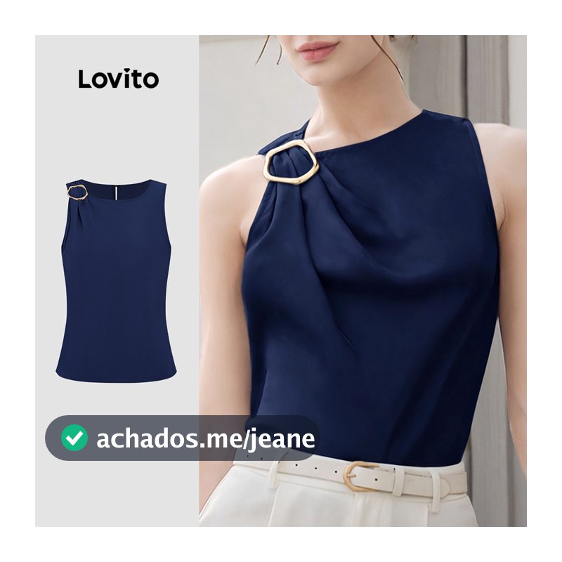 Lovito Blusa Elegante Assimétrica com Fivela de Metal para Mulheres - Primavera/verão Azul Marinho L155ED1910