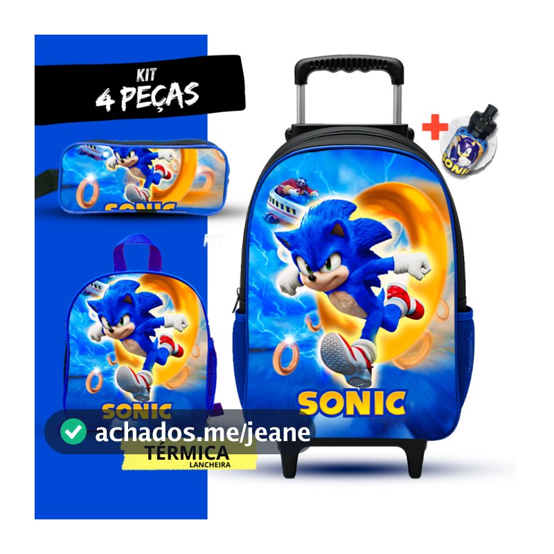 Mochila Escolar de Rodinha + Lancheira Termica e estojo Sonic