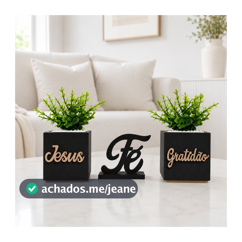 kit 02 vasinhos decorativos com plantinhas artificiais e Letreiro Fè.
