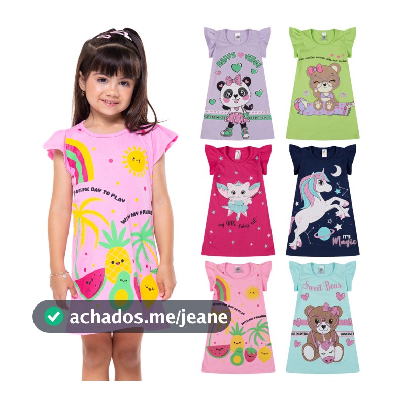 Kit 4 Vestido Infantil Menina Verão Estampados 100% Algodão com Mangas Franzidas - Kit Sortido Tamanhos 1 ao 10