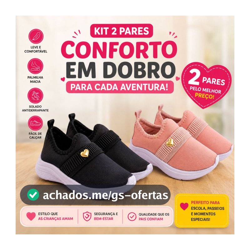Kit 2 Pares Tênis Feminino Calce Fácil Infantil Menina Leve e Confortável Casual Promoção Dia Dia