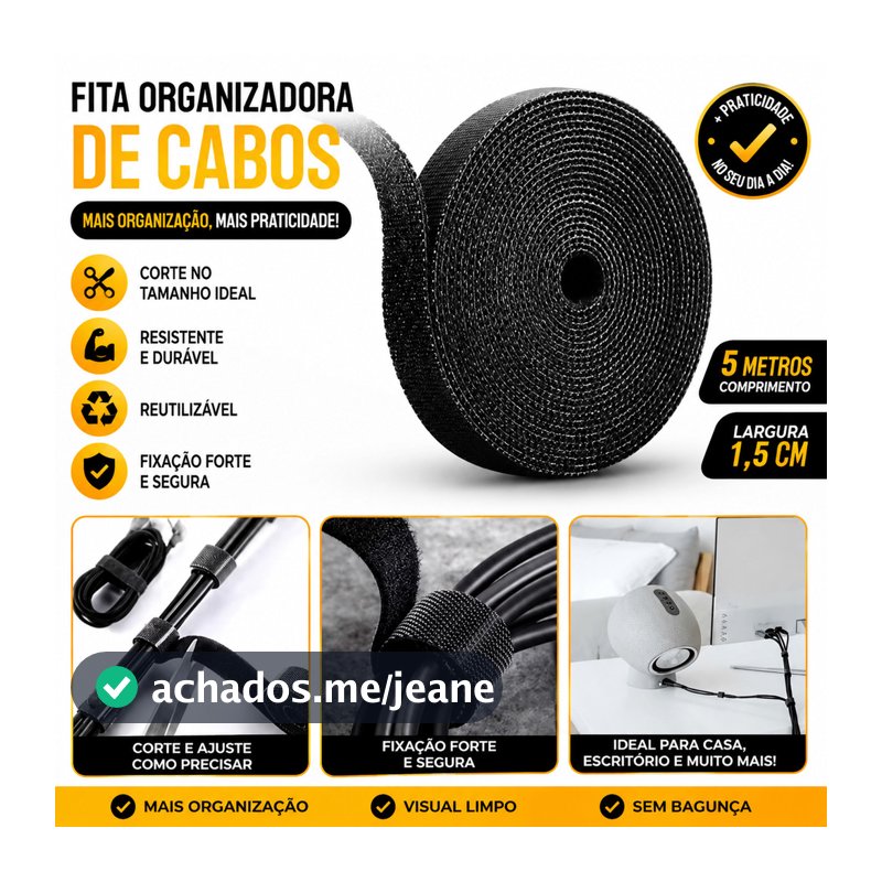 Rolo Fita Organizador de Cabos Velcro 3 Metros x 12mm Reutilizável Abraçadeira Multifuncional para Fios TV PC Escritório