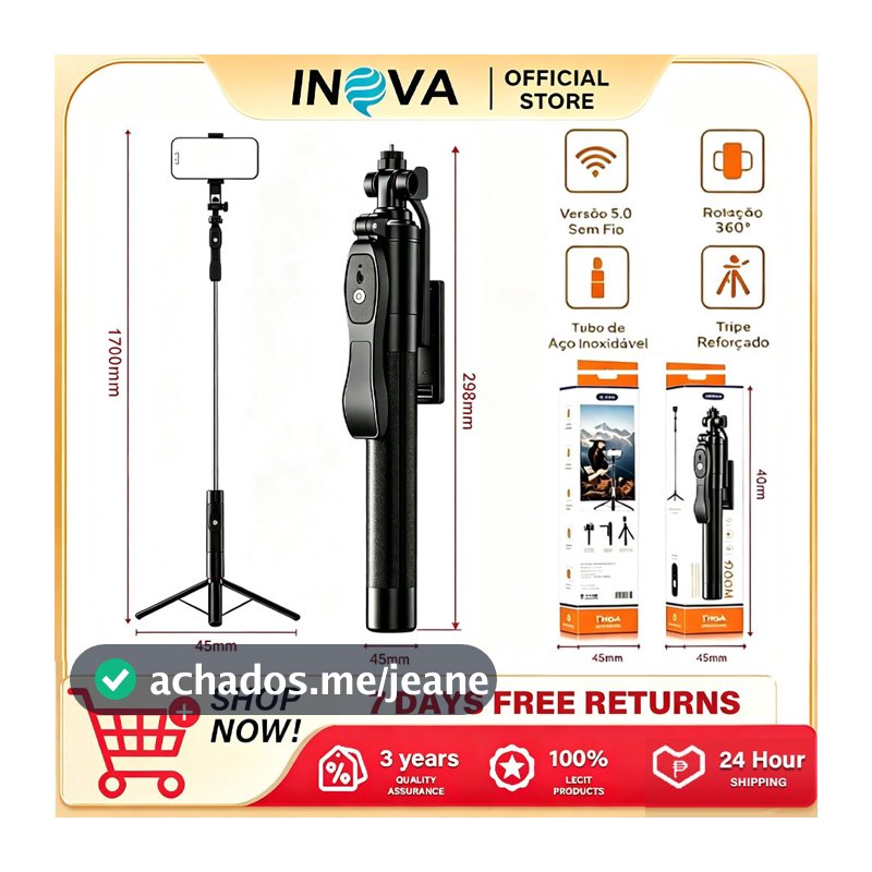 INOVA Selfie Stick Trípode 170cm Ajustável 360° Bluetooth 5.0 Controle Remoto Dobravel，spo13370