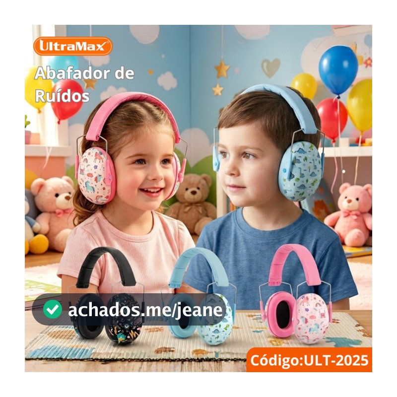 Abafador de Ruído Infantil Ajustável UltraMax ULT-2025 Protetor Auricular Estampado Dinossauro Unicórnio 25dB