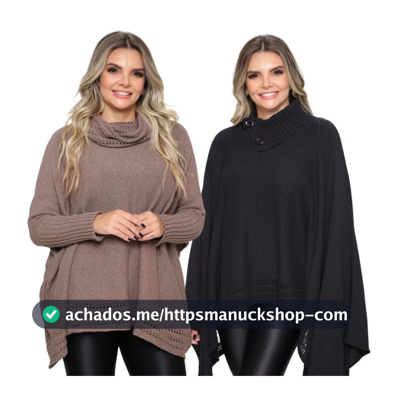 Kit 2 Poncho Feminino Tricô Gola Alta Casaco Lã Mousse Liso Boho