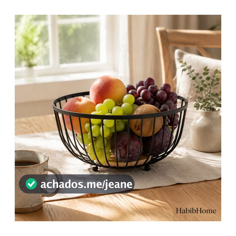 Fruteira Aramada Redonda Preta com Base de Bambu Organizador de Frutas para Cozinha Decorada