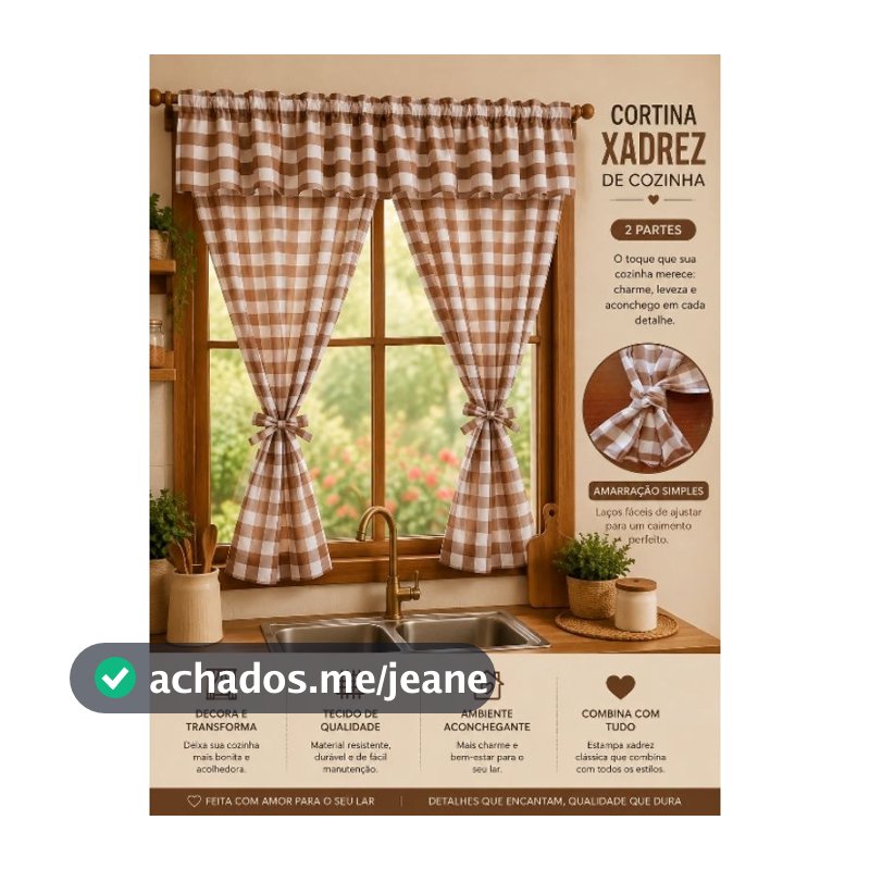 Cortina para Cozinha com Bandô e Amarração – Modelo Xadrez Decorativo