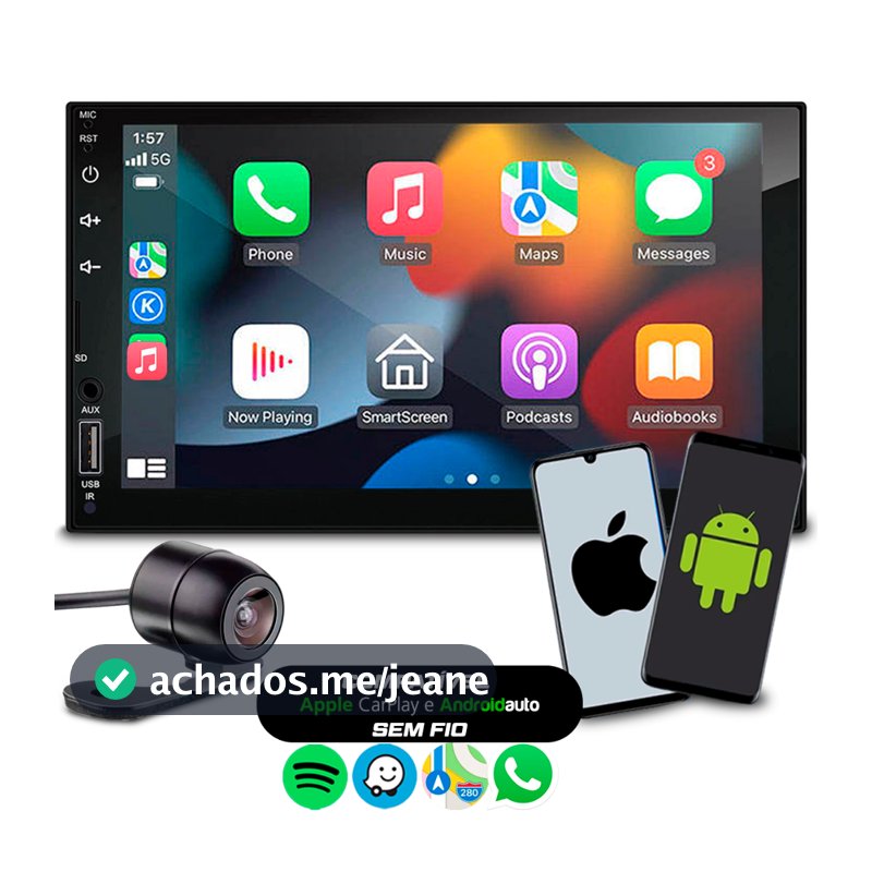 Multimídia 7 Polegadas Carplay e Android Auto Sem Fio Com Aplicativos Espelhamento de Celular + Câmera de Ré Colorida