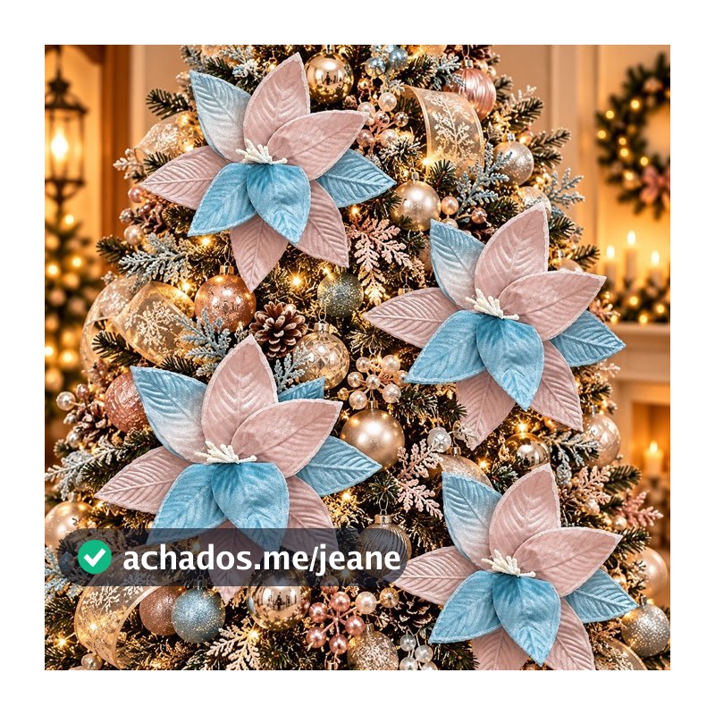 Flor de Natal Rosa e Azul de Veludo 33cm Decoração de Natal Candy Color Árvore de Natal Azul Claro