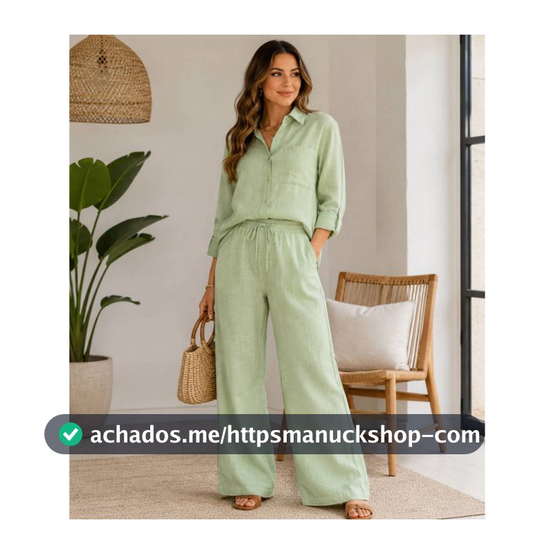 Conjunto de Linho Feminino Camisa Manga Longa e Calça Pantalona Elegante Y832