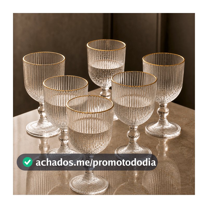 Jogo 6 Taças Canelada com Borda Dourada 280ml Água Suco Drinks Mesa Posta