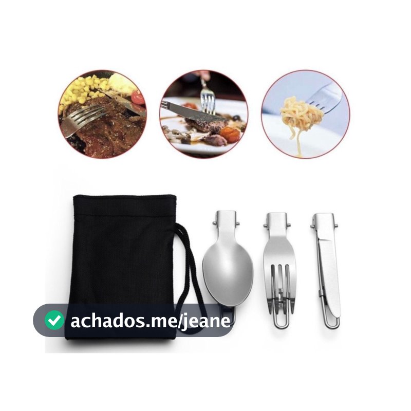 Kit jogo de Talher de Inox Com 3 Peças Garfo Colher Faca Retrátil Para Acampamento Camping Com Estojo