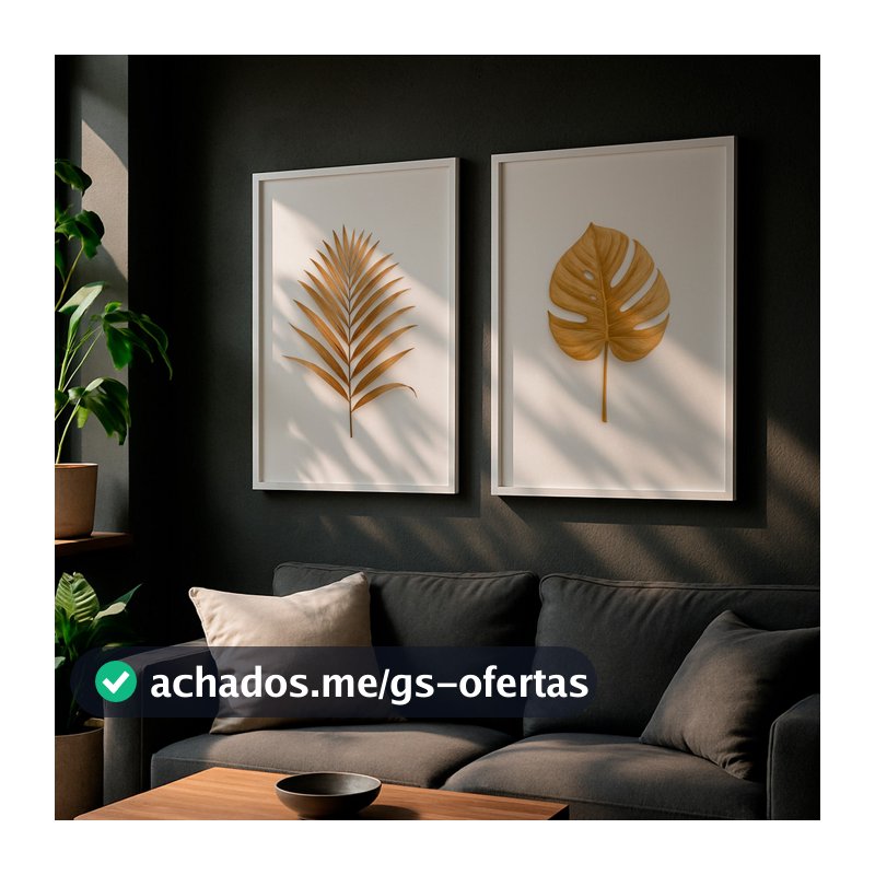 Kit 2 Quadros Folhas Douradas Decorativas Fundo Branco Clean Elegante Natureza Moderna Com Moldura