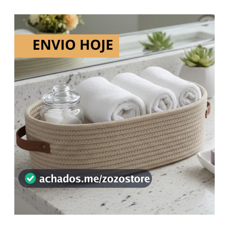 Cesto Organizador De Banheiro Algodão Trançado Alça De Couro Multiuso Porta Papel Toalha