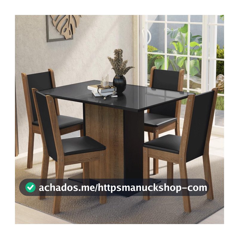 Conjunto Sala de Jantar Mesa Tampo de Vidro 4 Cadeiras Preto/Rustic Martina Madesa