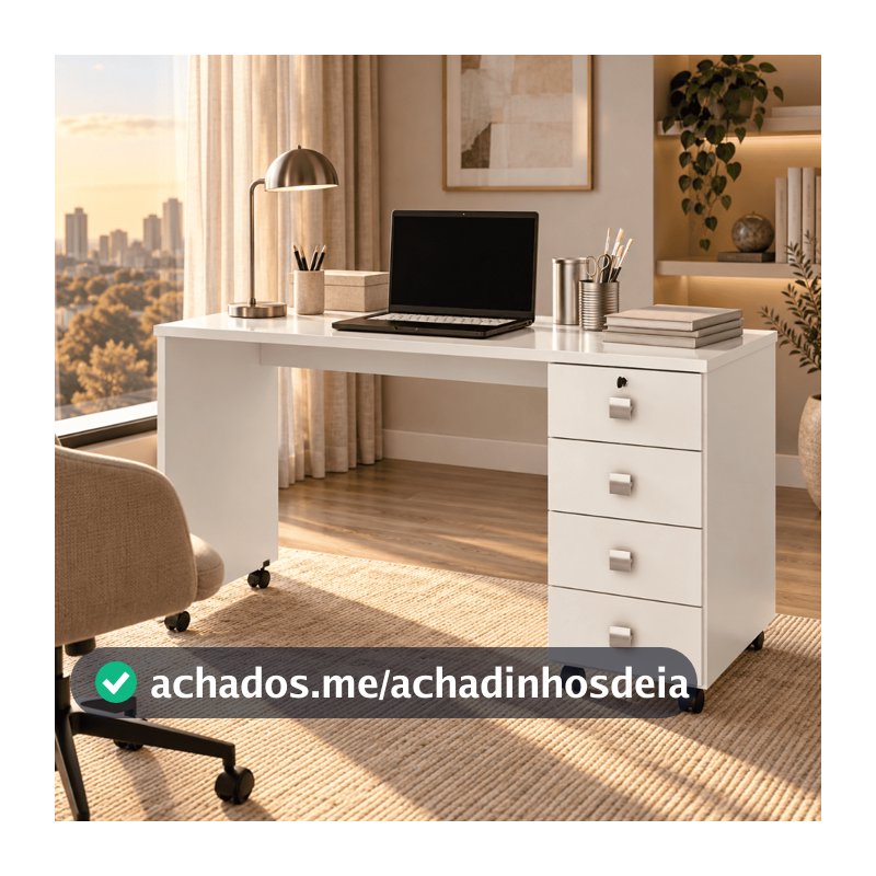 Escrivaninha Para Computador Office Em Mdp 25mm Com 4 Gavetas Dubai Branco Brilhante Lukaliam Moveis