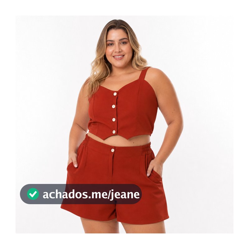 Conjunto Plus Size em Tecido Twill Cropped e Short - Telha forte
