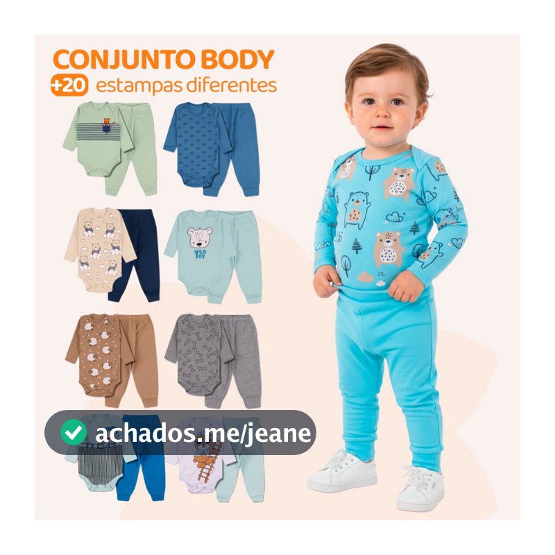 Kit 8 Peças de Roupas para Bebê Menino (4 Body Longo + 4 Calça Mijão)Kit 4 Conjunto Body + Calça Roupa Infantil Bebê