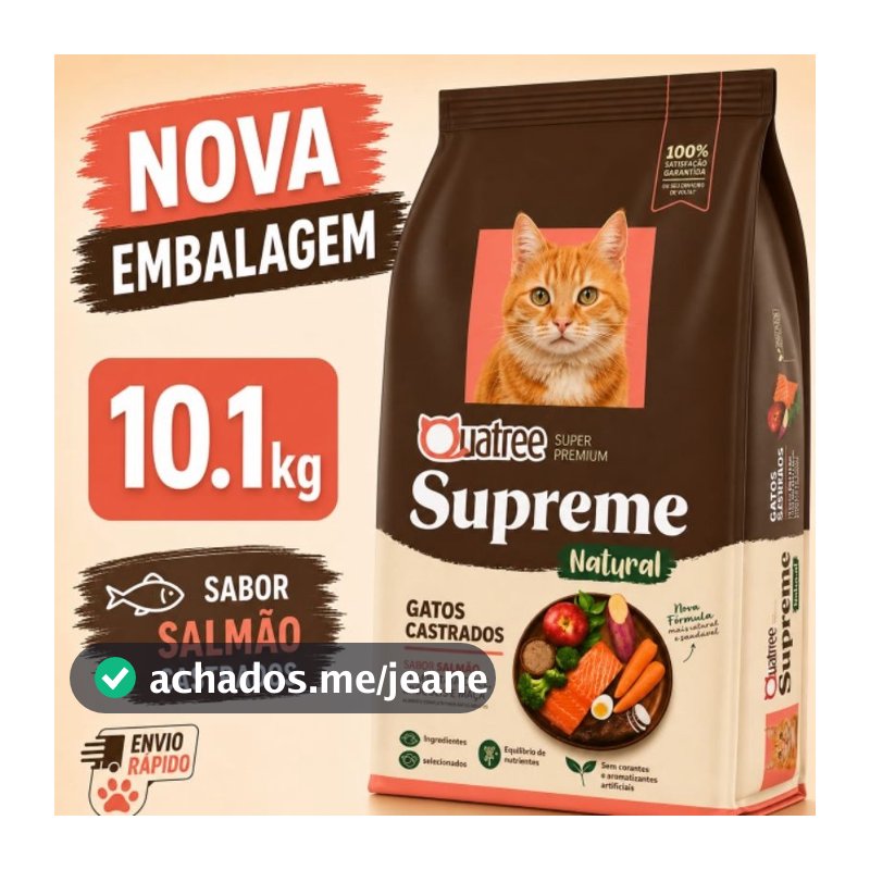 Ração Super Premium para Gatos Castrados 10kg Quatree Supreme Natural sabor salmão
