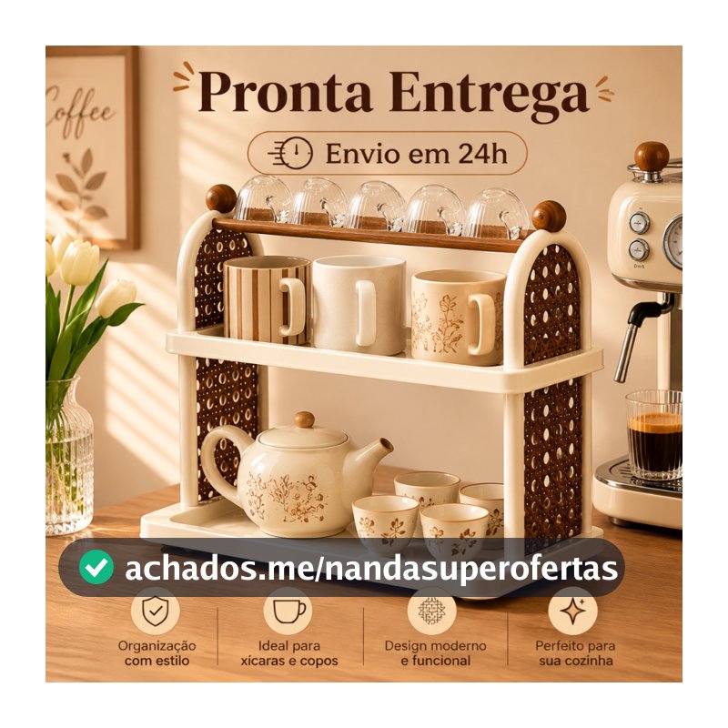 Organizador de Mesa 2 Andares para Xícaras e Canecas, Suporte Plástico Resistente, Para Cozinha, Escritório e Decoração