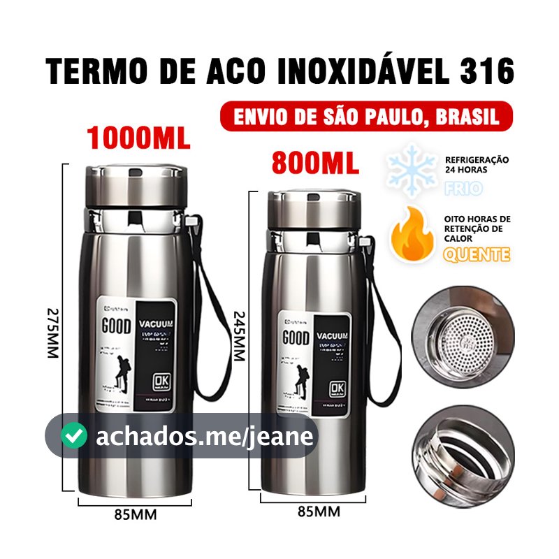 Garrafa 800ml/1000ml Inox Térmica Com Infusor Prata Dourada De Água Café Parede Dupla Com Alça-Para envio imediato